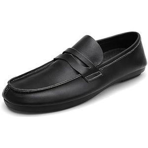 Heren loafers schoen ronde neus gespleten teen effen kleur lederen penny loafers antislip comfortabele platte hak bruiloft mode instapper(Black,40 EU)