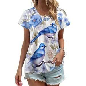 Blue Birds Flowers Dames V-hals T-shirts Leuke Grafische Korte Mouw Casual Tee Tops 5XL