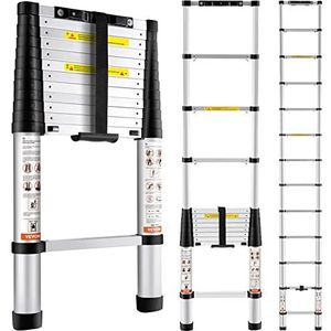 VEVOR Telescopische ladder, aluminium, 3,8 m, uittrekbaar, capaciteit 170 kg, met antislip voeten, compacte ladder, draagbaar, veelzijdig inzetbaar, met één knop, voor reparaties thuis, camper