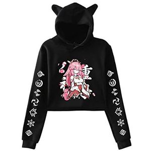 Genshin Impact Hoodie Yae Miko Cosplay Gedrukt Lange Mouw Pullover Crop Tops Harajuku Anime Kat Oor Hooed Sweatshirt voor Vrouwen Meisjes, # 1, XS
