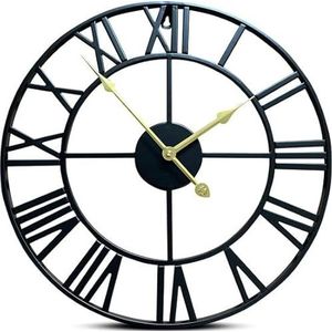IvoQ Grote Zwarte Wandklok Metaal met Romeinse Cijfers en Gouden Wijzers – Stijlvol Tijdloos Design - 40 cm