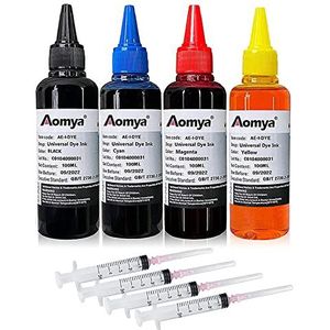 Aomya 400 ml Universal Dye Ink in Bottles Refill Kit voor HP Canon Epson Brother Lexmark Printers compatibele cartridges navulbare cartridge CISS System 4 Color Set met 4 gratis Syringes (BK, C, M, Y)
