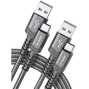 JSAUX USB C Kabel 3.1A Snelladen 2 Stück 2M, USB Type C Charger Cable Ultra Duurzaam Compatibel met Samsung Galaxy S24 S23 S22 S21 S20 S10 S9, PS5 Controller, Kindle, iPhone 15 Pro Plus-Grijs