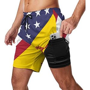 US New Mexico Flag Heren Zwembroek Sneldrogende 2 in 1 Strand Sport Shorts met Compressie Liner En Pocket