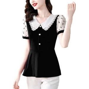 Dvbfufv Dames zomer revers kant patchwork bedrukt korte mouwen pullover T-shirt vrouwen casual elegante blouses tops, Zwart, XXL