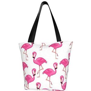 LAMAME Paarse Vlinders Gedrukt Casual Handtas Mode Schoudertas Grote Capaciteit Boodschappentas, Roze Flamingo, Eén maat