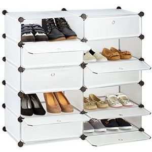 Relaxdays schoenenkast, 10 vakken, klikverbinding, met deuren, HBD ca. 90 x 94 x 37 cm, schoenenrek groot, transparant