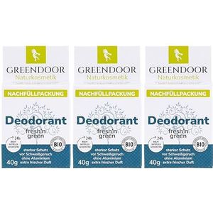 GREENDOOR Deodorant Refill System, 3 x 40 g, navulbare vaste deodorant zonder aluminium, veilige sterke bescherming, veganistisch, extra frisse geur, plasticvrij