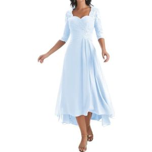 KIYNE Damesjurk, lange jurk voor moeder van de bruid met mouwen, geplooide kanten applicatie, V-hals, formele avondjurk, Lichtblauw, 32