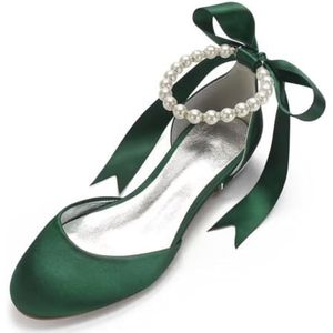 KYEGLO Satin Ballerina's Met Gesloten Neus Voor Bruiden, 2,5 Cm - Parelversiering, Enkelbandje, Elegante Trouwschoenen Voor Trouw- En Feestjurken,Groen,36 EU