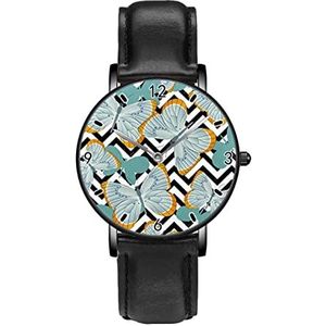 Grijs Blauw Vlinders Persoonlijkheid Business Casual Horloges Mannen Vrouwen Quartz Analoge Horloges, Zwart