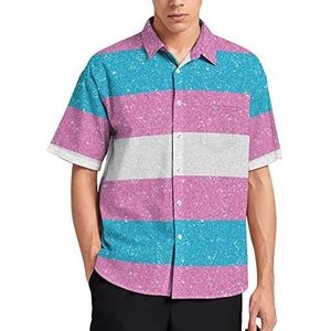 Glitter Transgender Pride Vlag Hawaiiaanse Shirt Voor Mannen Zomer Strand Casual Korte Mouw Button Down Shirts met Zak