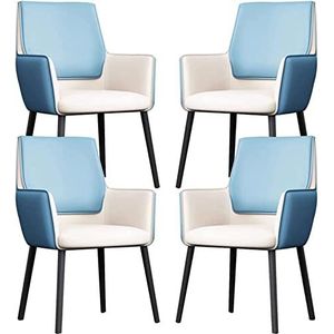 GEIRONV Set van 4 lederen eetkamerstoelen, koolstofstalen poten balie lounge receptie stoel keuken armleuningen rugleuning stoelen Eetstoelen (Color : Beige+blue, Size : 82 * 46 * 42cm)