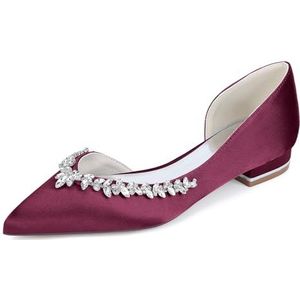 KYEGLO Satijnen Platte Damesschoenen Met Gesloten Neus - Puntige Instapschoenen Voor Bruidsmeisjes Met Strass-Steentjes Voor Feestjes, Bruiloften En Cadeaus Voor Vrouwen,Burgundy,36 EU