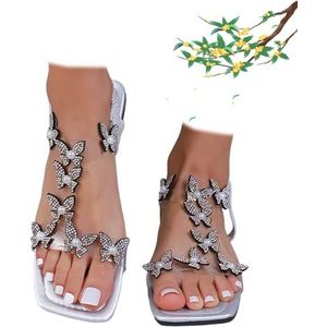 Xytraiihw Dames platte sandalen met strass steentjes, elegante casual strandschoenen vlindersluiting en elastische band open teen Romeinse schoenen slingback voor bruiloft gala feest,Zilver,36 EU