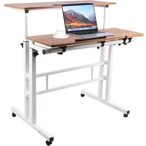 WODFARR Mobiel bureau, computertafel met wielen en dienblad voor thuis, slaapkamer, woonkamer, eenvoudige montage, stabiel (donker eiken, 80 x 60 x 67-117 cm)