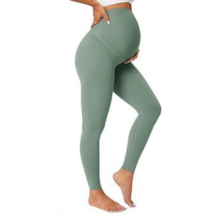 BAYDI Nudi Ondoorzichtige zwangerschapsleggings met hoge taille, zwangerschapslegging voor dames, lange stretch, zwangerschapsbroek, Mineraalgroen, L