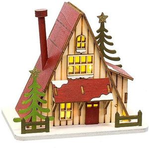 LOLAhome Kersthuis met rode en natuurlijke houten boom met licht, 14 x 9 x 14 cm