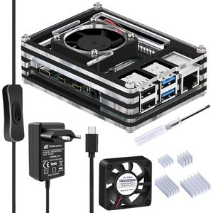 GeeekPi Beschermhoes voor Raspberry Pi 4 model B, Raspberry Pi 4B hoes met ventilator, Raspberry Pi 4 koellichaam en 5V 3A EU voeding voor Raspberry Pi 4 model B (alleen voor Pi 4)