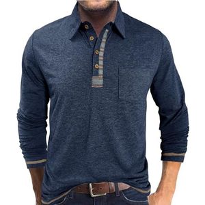 Heren poloshirts met lange mouwen, casual stretch werk T-shirts, casual T-shirt met knoopjes en zak(Navy blue,3XL)