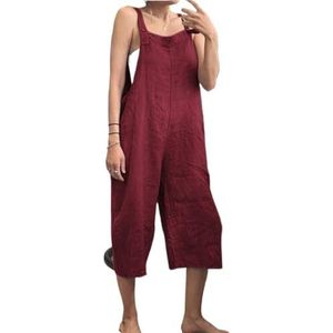 BANGHA Jumpsuits Voor Vrouwen Zomer Casual Effen Kleur Vrouwen Losse Katoen Linnen Jumpsuit Mouwloze Harem Overalls Jumpsuits Losse Vintage Broek Femme Kleding, Wijn, 3XL