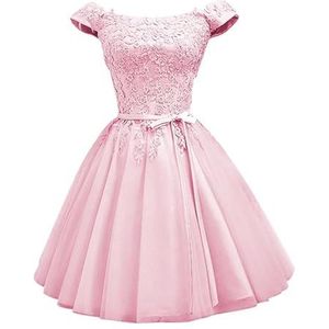 YIANN Off-shoulder satijnen thuiskomst jurken voor tieners met kanten applicatie mouwloze A-lijn baljurk korte galajurk, roze, 32