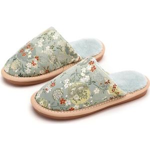 JadeRich Vrouwen Oosterse Stijl Borduurwerk Slippers Geborduurde Bloemen Satijn Bovenste Pluche Voering, Groen, 5/6 UK