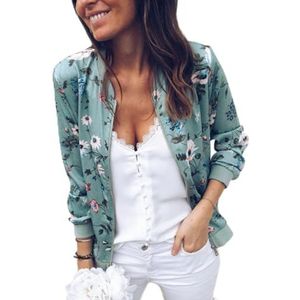 Vrouwen Bloemen Bedrukte Jassen Lente Herfst Lange Mouw Rits Bomber Outwear Casual Pocket Slim Streetwear Vrouwelijke Plus Size Jas-Groen, XL