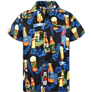 King Kameha Funky Hawaïhemd voor heren, korte mouwen, voorzak, feestdrankjes, bierflessen, prints, bierflesjes zwart, M