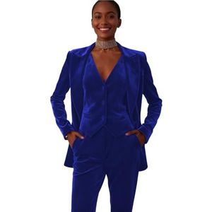 Dames 3-delig fluwelen pak piek revers mode outfits casual feest bruiloft blazer jas vest broek set, koningsblauw, XS