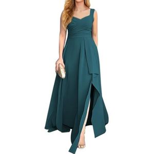 KURFACE Chiffon bruidsmeisjesjurk met split geplooide mouwloze lange avondjurk voor dames, Turkoois, 32