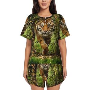 EdWal Tiger In The Jungle Print Dames Pyjama Sets Lounge Wear Set Zachte Loungewear Korte Mouwen Pjs En Shorts, Zwart, 3XL
