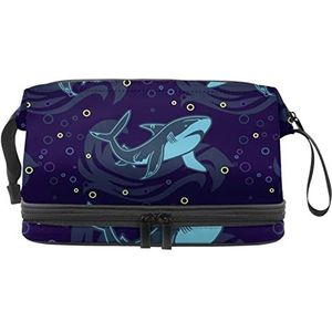 Dubbele Laag Cosmetische Tas Onderwater Haaien Draagbare Make-up Tas Reizen Organizer Pouch voor Vrouwen Meisjes Toiletartikelen Tassen, Meerkleurig, 27x15x14 cm/10.6x5.9x5.5 in, Make-up zakje