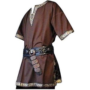 Heren middeleeuwse tuniek V-hals gouden kant korte mouw piratenshirt kostuum zonder riem Cos Performance kleding, Bruin, L