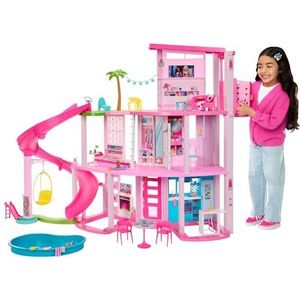 Barbie Droomhuis, Zwembadfeestje Poppenhuis met meer dan 75 onderdelen en een glijbaan over 3 verdiepingen, Barbie Huis Speelset, huisdierlift en puppyspeelplekken, HMX10