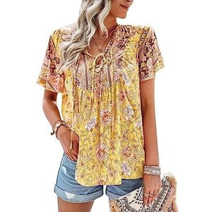 dames topjes Blouse met gestrikte voorkant en ruches aan de voorkant met bloemenprint (Color : Yellow, Size : Small)