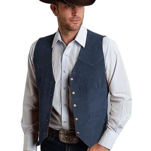 Tuikayoo Suede herenpak, vest, vintage, western cowboy, vest, normale pasvorm, marineblauw, XXL