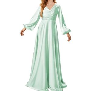 Prinses Bruidsmeisje Jurken Lange Mouw Galajurken V-hals Satijn Formele Avondfeest Maxi Jurk ZM199, mintgroen, 32