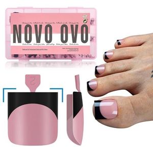NOVO OVO Halloween zwarte Franse tip teen nagel tips Press, BERRY ROZE Sharp Square Pre-ontworpen Soft Gel Valse teennagel verlenging, medium nep teennagels, volledige dekking acryl voor doe-het-zelf