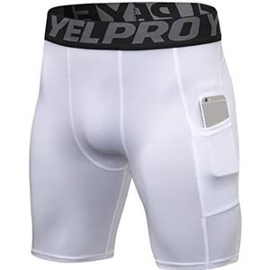 Yishengwan Compressieshorts voor heren, korte broek, sneldrogend, ademend, sportonderbroek, korte legging met telefoonzakje, wit, M