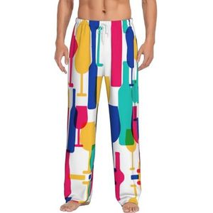 OKFSTY Cocktailglazen en flessen pyjamabroek voor mannen,Pyjama Polyester Broek Voor Mannen Zachte Lange Lounge Pj Slaapbroek met Zakken, Wit, S