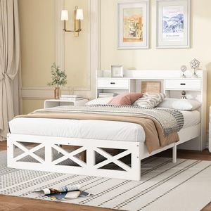 Idemon Houten bed met panelen, tweepersoonsbed met houten lattenbodem, met opbergfunctie, MDF + meerlaagse plaat, wit, 140x200cm