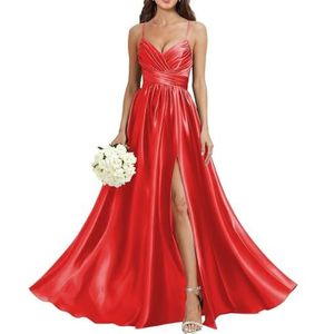 HPPEE Satijnen bruidsmeisjesjurk met V-hals, voor bruiloft, spaghettibandjes, galajurk, lange baljurk, Rood, 32