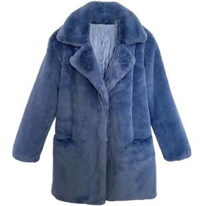 Ownwfeat Vrouwen Winter Dikker Solid Faux Fur Jas Jas Lange Revers Kraag Nep Bontjassen, blauwe bontjas, S