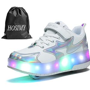 Unisex Kids LED Strips Rolschaatsen Schoenen met Wielen Jongens Meisjes Cross Trainers Technische Lichtgevende Skateboarding Schoenen Outdoor Gymnastiek Sneakers met USB Opladen, 98wit, 35 EU