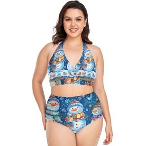 Cartoon Kerst Sneeuwman Vrouwen Bikini Sets Plus Size Badpak Twee Stukken Hoge Taille Strandkleding Meisjes Badpakken, Pop Mode, 4XL