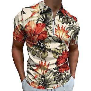 Vintage rood hibiscus en strelitzia poloshirt voor mannen casual T-shirts met rits kraag T-shirts golftops slim fit