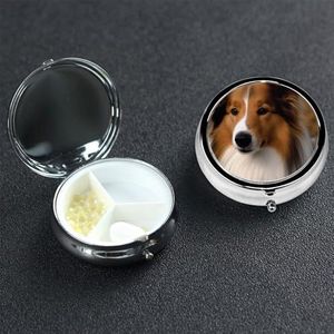 Shetland Herdershond Ronde Pillendoos Draagbare Metalen Pil Case 3 Compartiment Kleine Reizen Pil Organizer Leuke Vitaminen Houder Organizer voor Portemonnee Pocket