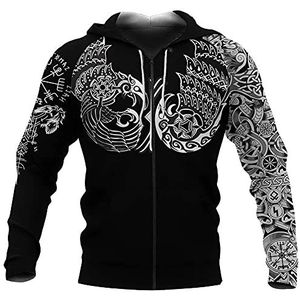 Mannen Full Zip Hooded Sweatshirt, Noorse Mythologie Viking Odin Crow Keltische Wolf Tattoos Zip Hoodie Jas, Groot Formaat Winter Hoodie Pullover Lichtgewicht Kleding