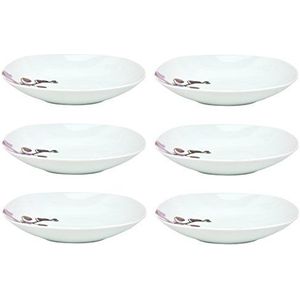 Van Well Kyoto, set van 6 soepborden, menuborden, 450 ml, 215 x 215 mm, saladeborden, serveerschaal, porseleinen servies, orchidee, roze-rood, roze